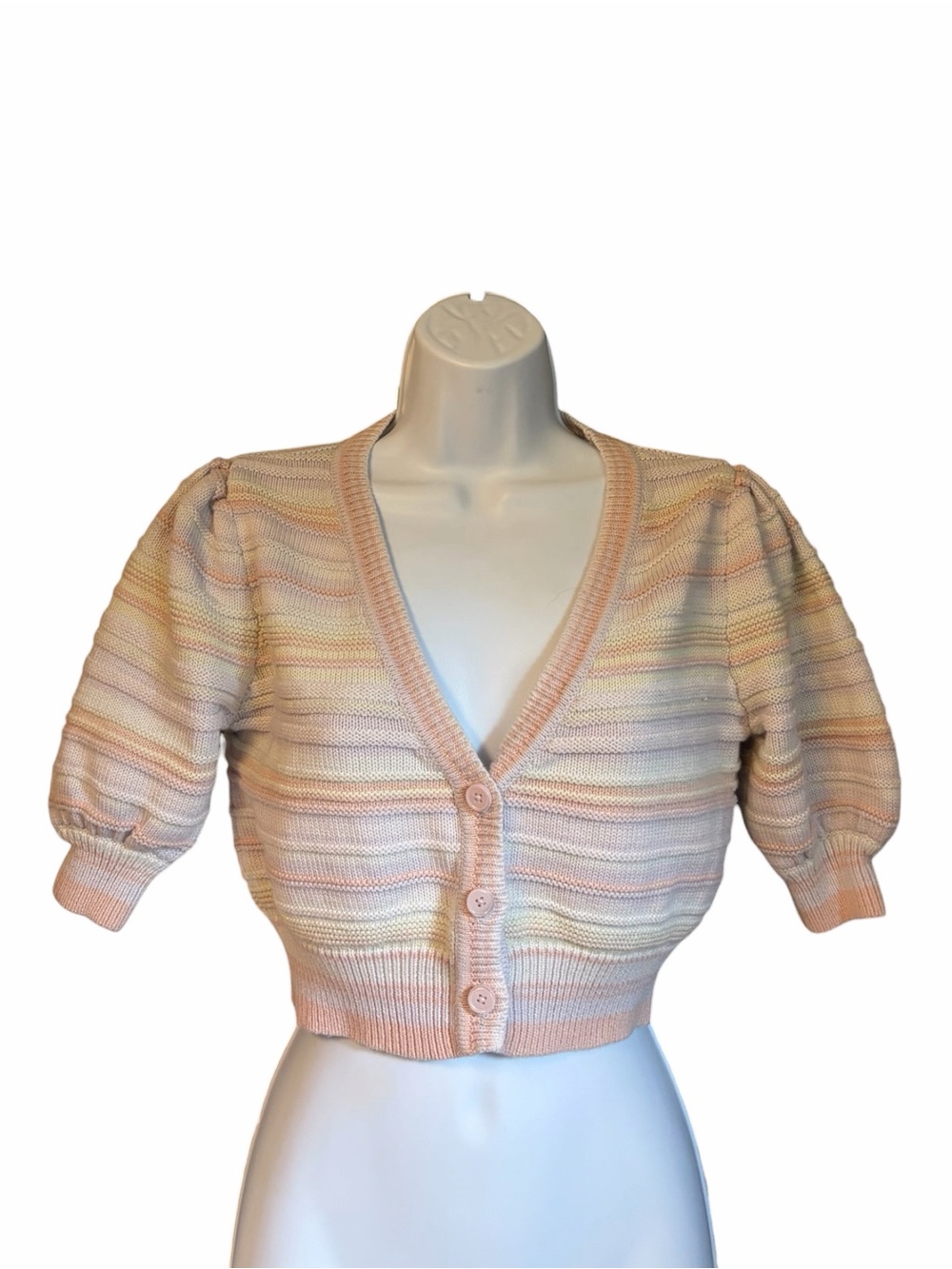 Aritzia Wilfred Canterbury Cardigan Pastel Striped Short Puff Sleeve Knit XS
